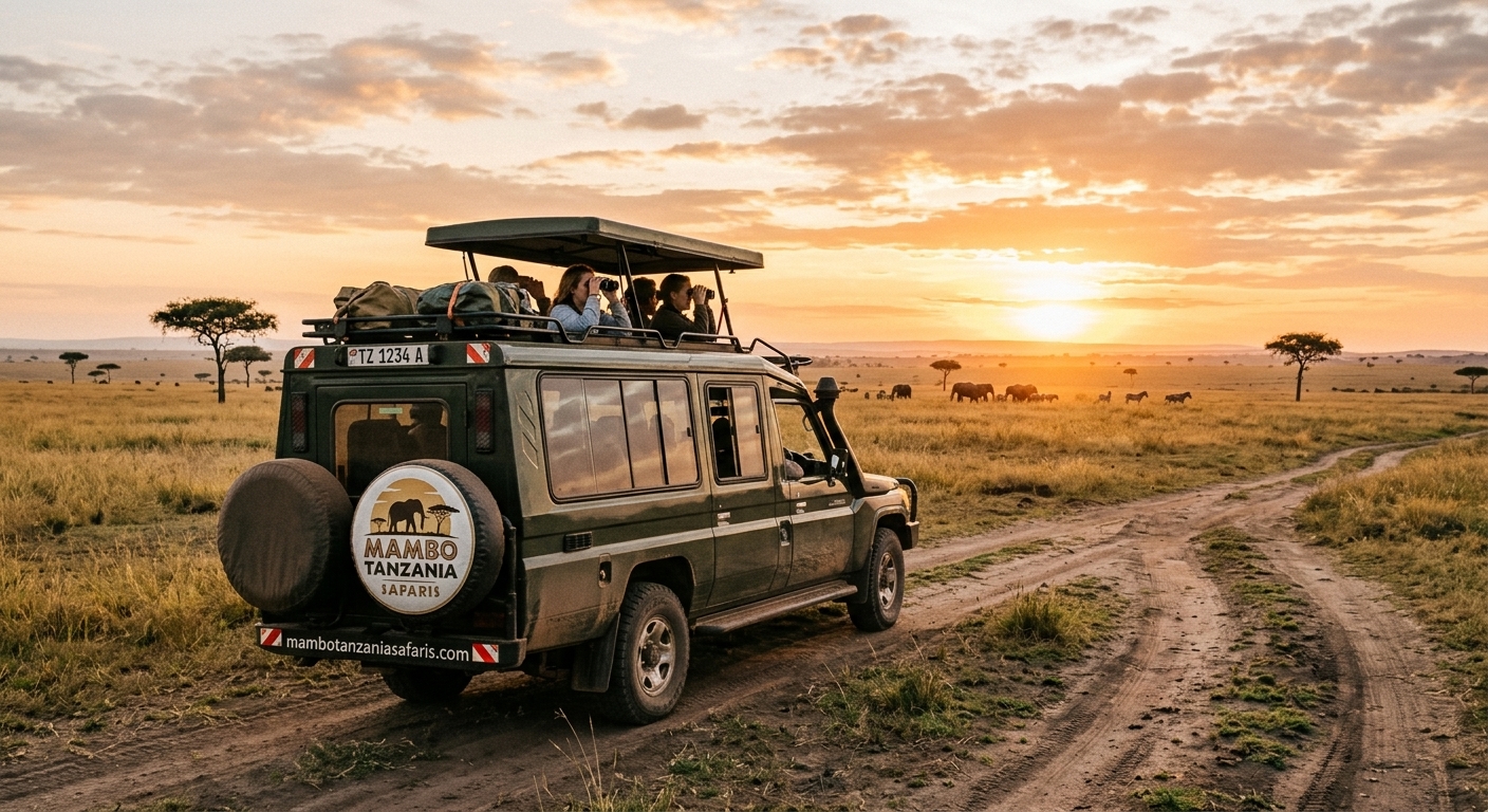 Safari vehicle on the Tanzanian savannah at sunrise